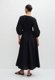 Shirred Plunge Button Dress - Black - Matteau